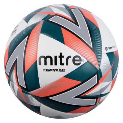 The Ultimatch Max Soccer Ball Mitre's top-level match ball - White, Black, Dark Orange & Dark Green